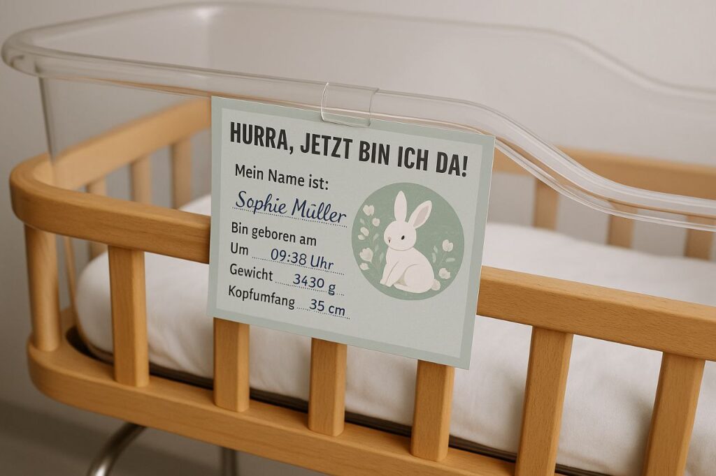 Karte am Babybett mit der Aufschrift „Hurra, jetzt bin ich da!“, Name und Geburtsdaten eines Neugeborenen, daneben ein illustriertes Häschen – Beispiel für nachhaltige Neugeborenenkarten in Kliniken.
