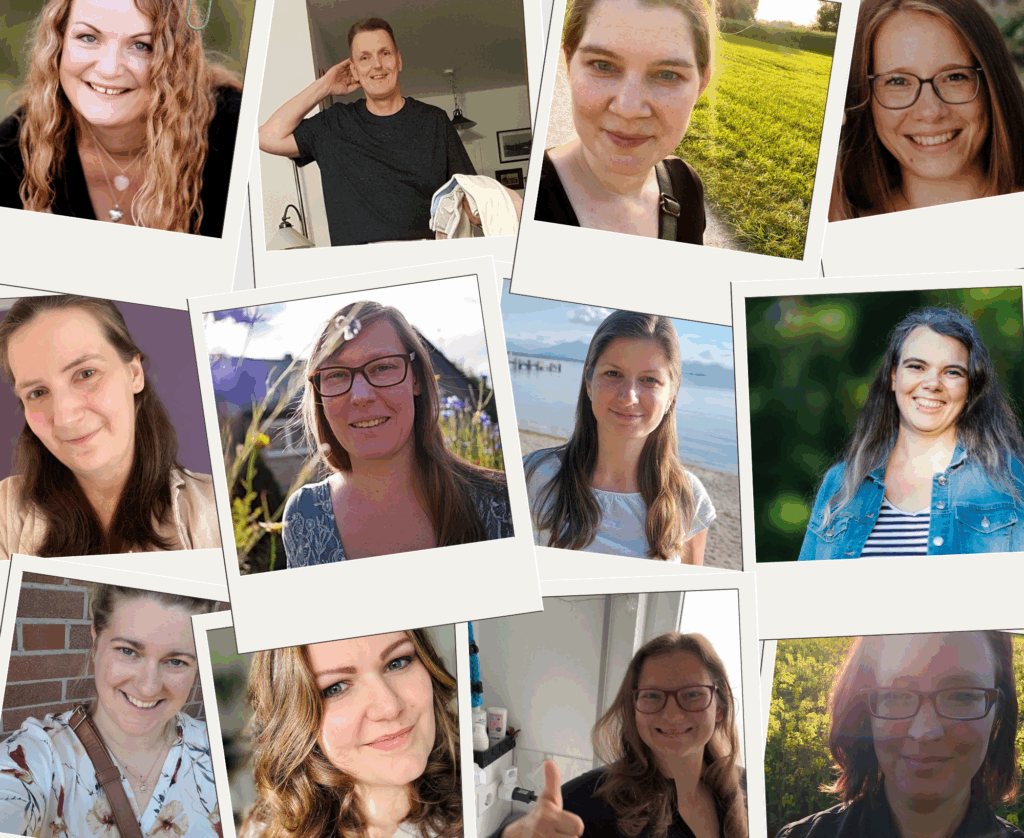 Fotocollage mit Porträtaufnahmen von zwölf Mitgliedern des Stoffwindelverein e.V., die lächelnd in die Kamera blicken.