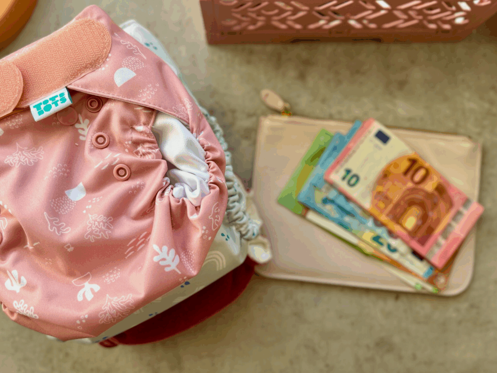 Eine rosa Stoffwindel liegt neben einer kleinen Tasche, auf der mehrere Euro-Geldscheine liegen – symbolisch für den kommunalen Stoffwindelzuschuss und finanzielle Entlastung für Familien.
