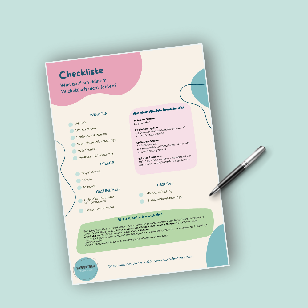 Abgebildet ist eine farbenfrohe Checkliste des Stoffwindelverein e. V. mit dem Titel „Was darf an deinem Wickeltisch nicht fehlen?“. Die Liste enthält Kategorien wie Windeln, Pflege, Gesundheit und Reserve sowie eine Übersicht, wie viele Windeln je nach System benötigt werden. Rechts daneben liegt ein Stift, der Eindruck einer bereitliegenden Download-Checkliste entsteht. Hintergrund in sanften Mint- und Pastelltönen.