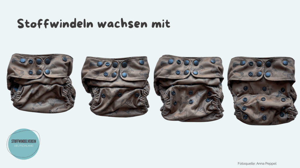 Vier braune Stoffwindeln liegen nebeneinander und zeigen, wie sie durch Druckknöpfe in der Leibhöhe mit dem Kind mitwachsen – von klein bis groß. Darüber steht der Schriftzug „Stoffwindeln wachsen mit“. In der Ecke befindet sich das Logo des Stoffwindelverein Deutschland.
