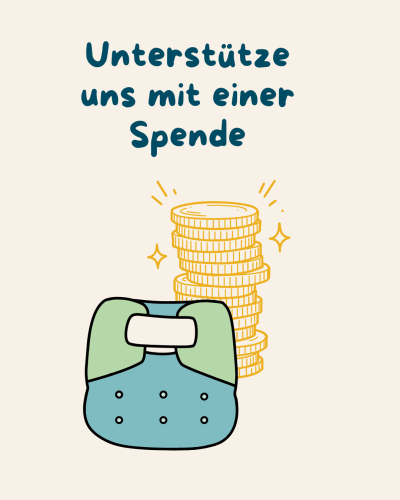 Illustration einer Stoffwindel mit Druckknöpfen neben einem Stapel glänzender Münzen, darunter der Text „Unterstütze uns mit einer Spende"